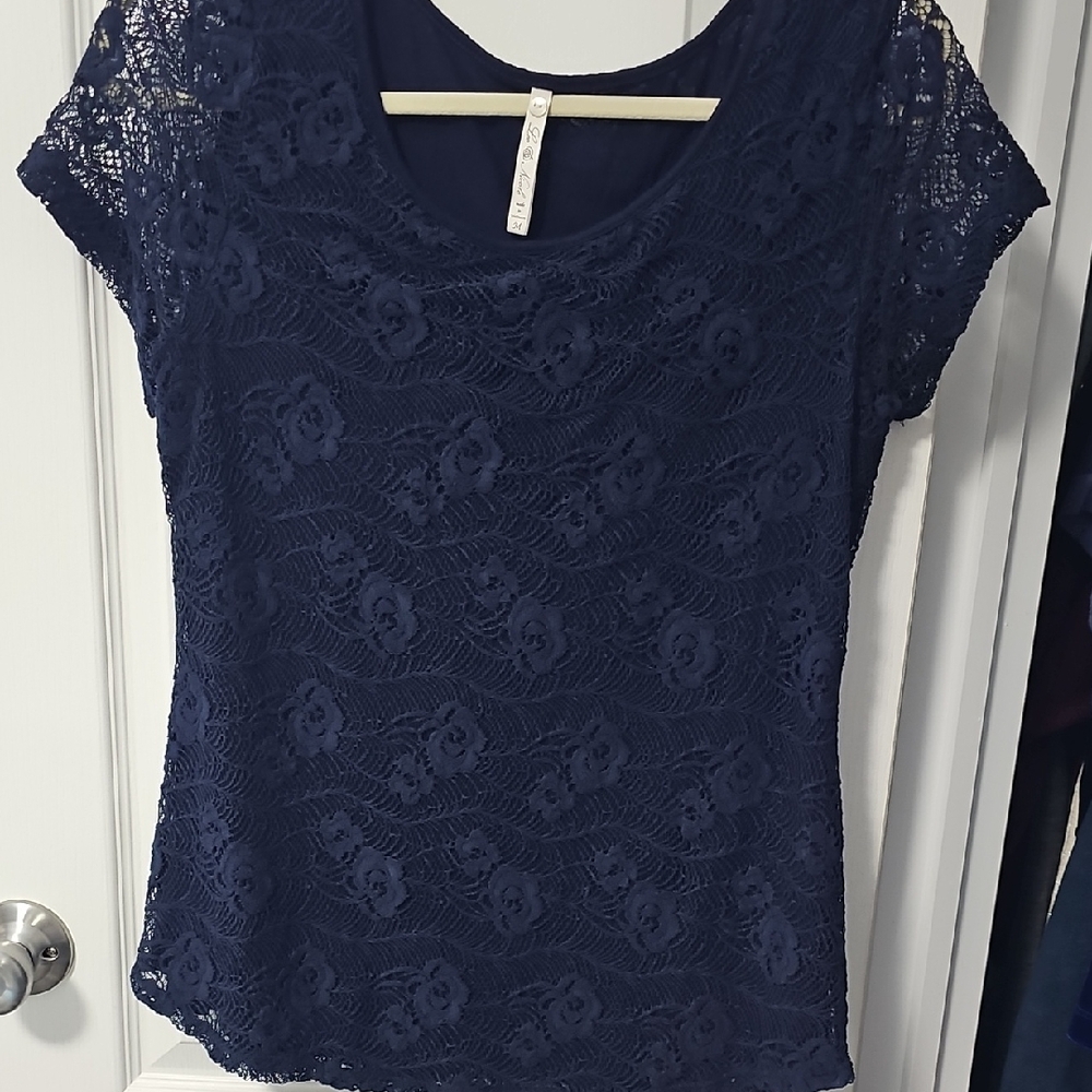 Leo & Nicole Navy Floral Lace Blouse